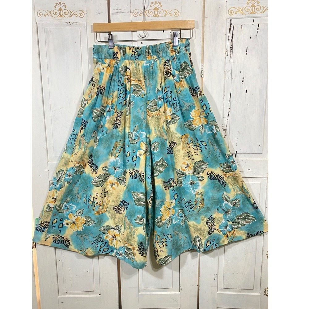 Koret Vintage Tropical Palazzo Pants Wide Leg Culottes Turquoise Size 12 Flowy - Picture 2 of 7